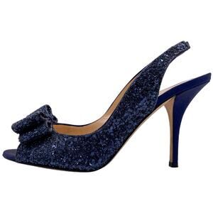 Kate Spade Charm Navy Blue Satin Glitter Bow Peep Toe Slingback Pumps Heel